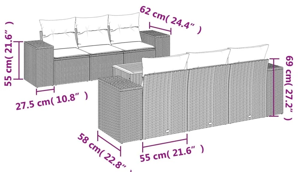 7 pcs conjunto de sofás p/ jardim com almofadões vime PE bege