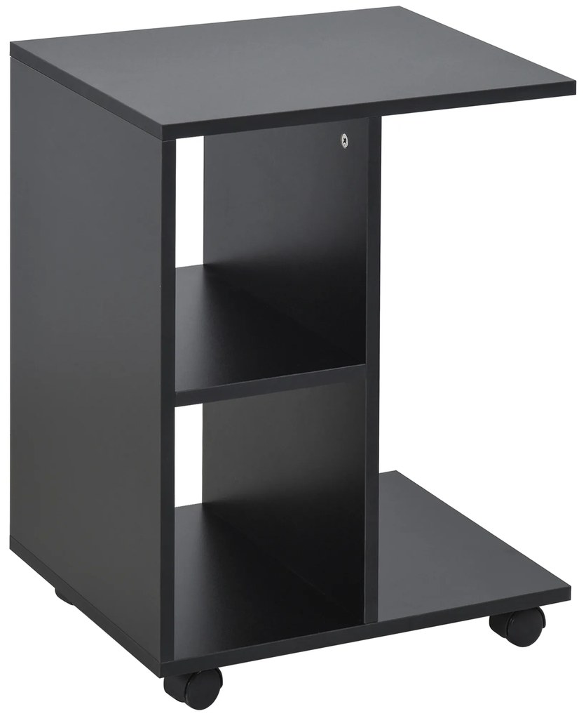 Mesa Auxiliar Moderna Mesa Auxiliar em Forma de C com Rodas e Prateleiras Abertas 45x35x58 cm Preto