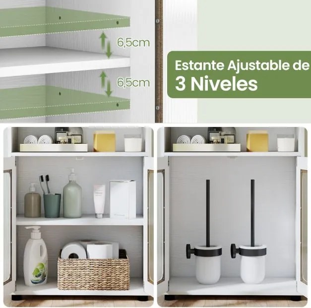 Armário para casa de banho 60 x 30 x 83 cm com 2 portas e estante ajustável de 3 níveis e Compartimento aberto branco