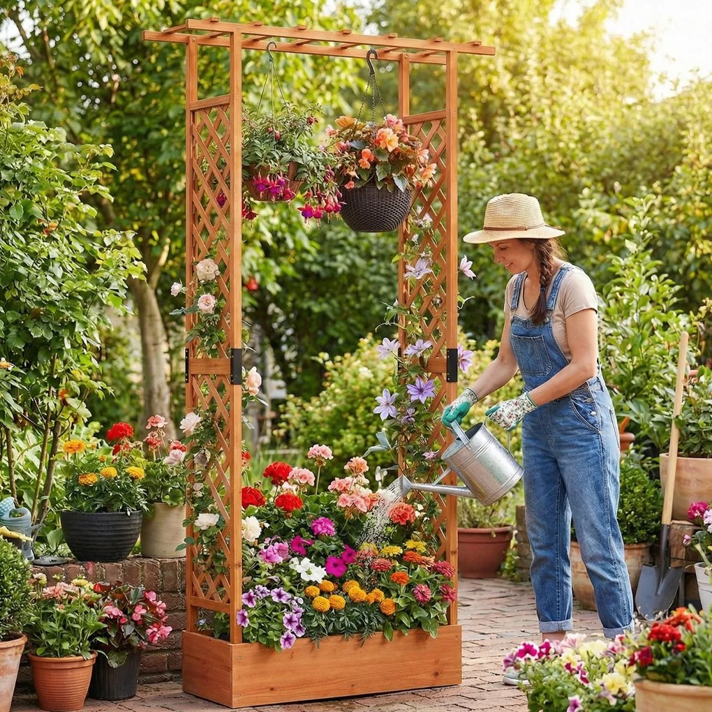 Floreira de jardim 110 x 35 x 227 cm elevada em madeira com treliça, teto suspenso, orifícios de drenagem, abeto, para plantas trepadeiras, laranja