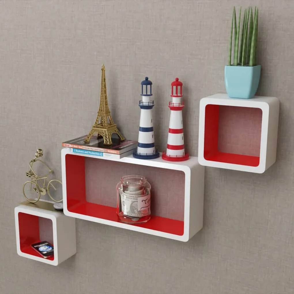 Conjunto 3 prateleiras/cubos de parede MDF branco-vermelho