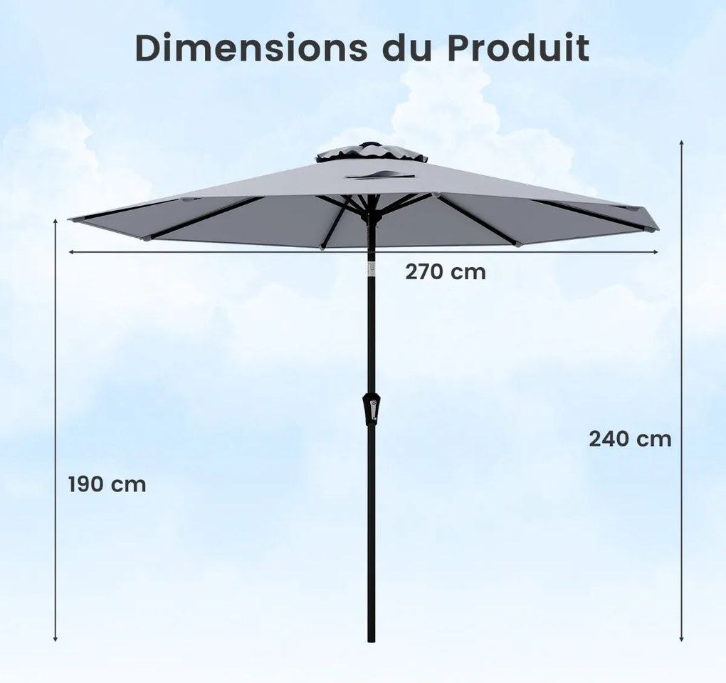 Guarda-sol inclinável, dia. 2,70 m, manivela de aço, lona de poliéster, 6 varetas, para pátio, jardim, vinho tinto