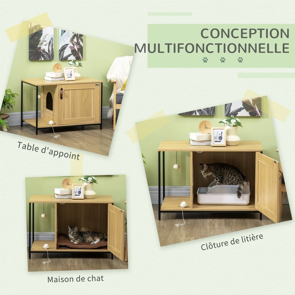 Móvel para Casa de areia para gatos (NÂO INCLUIDA) com porta lateral, bola suspensa e estrutura em aço com acabamento em madeira clara