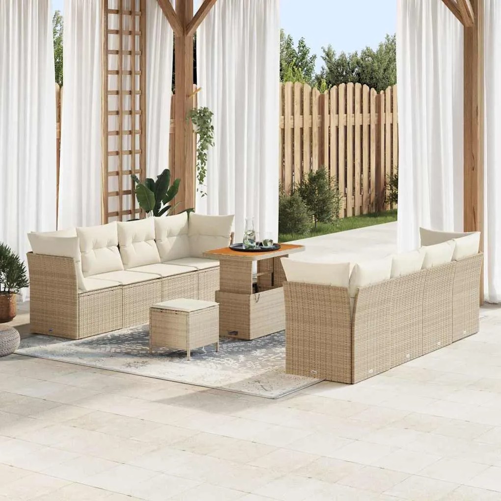 vidaXL Conjunto de Sofá de Jardim de 11 Peças da com Almofadas em Rattan Sintético Bege e Madeira de Acácia