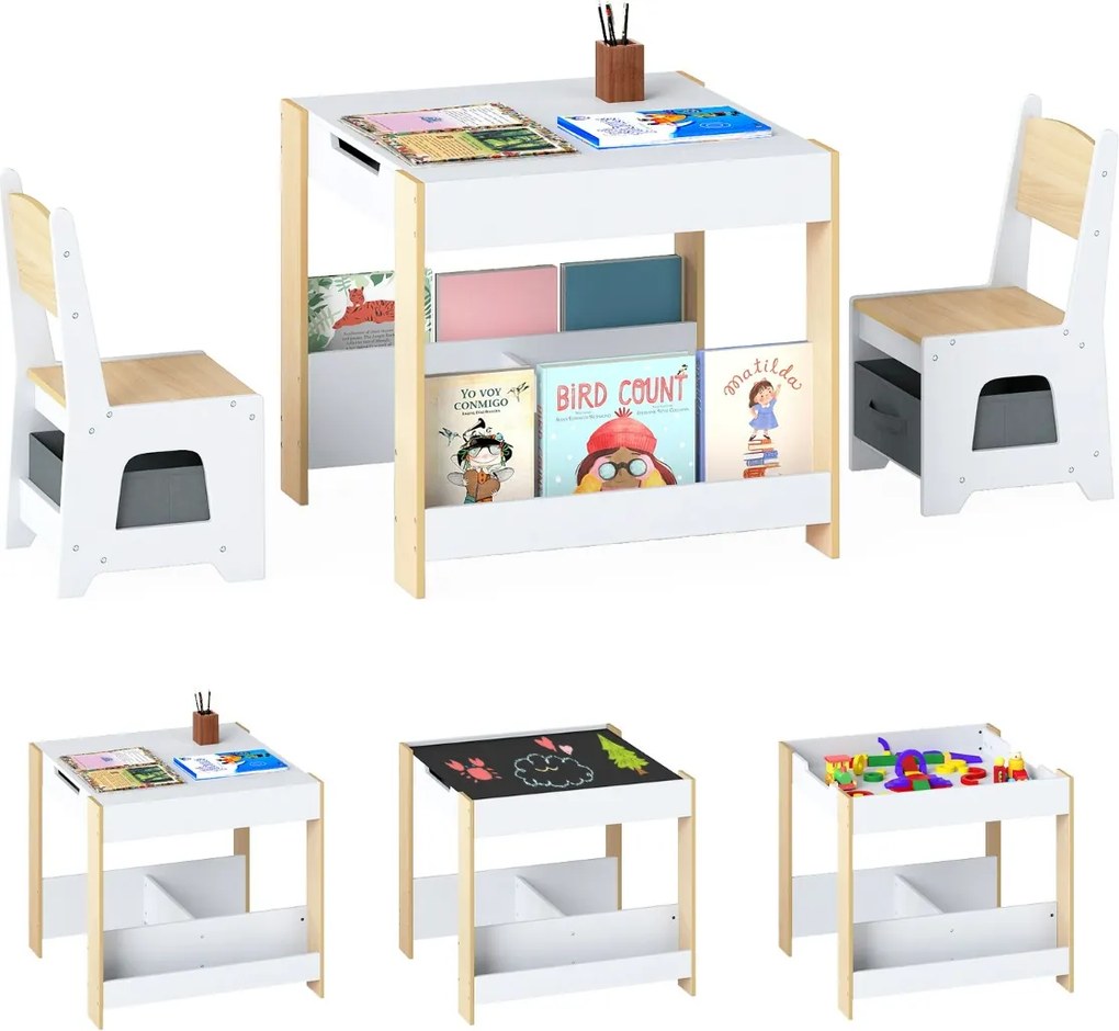 Conjunto de mesa e cadeiras para crianças Mesa de atividades em madeira com tampo reversível Prateleiras para livros e gavetas Natural + Branco