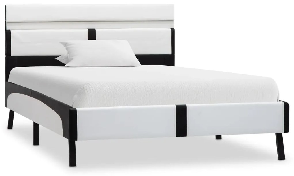 Estrutura cama c/ LED 90x200 cm couro artificial branco e preto