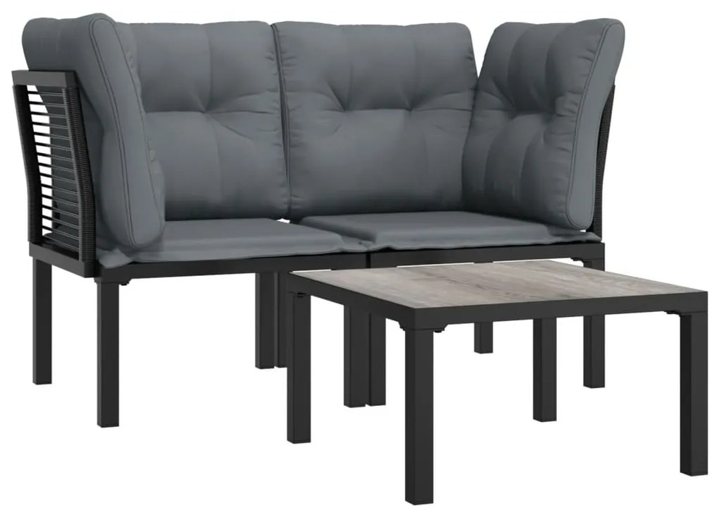3 pcs conjunto lounge de jardim vime PE preto e cinzento