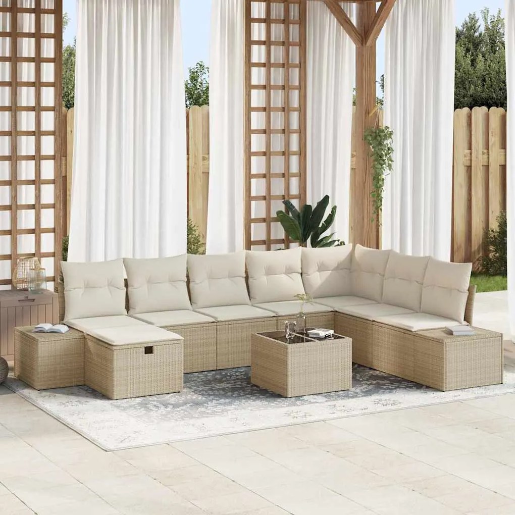 vidaXL Conjunto de sofá de jardim com 9 peças e almofadas em rattan sintético bege