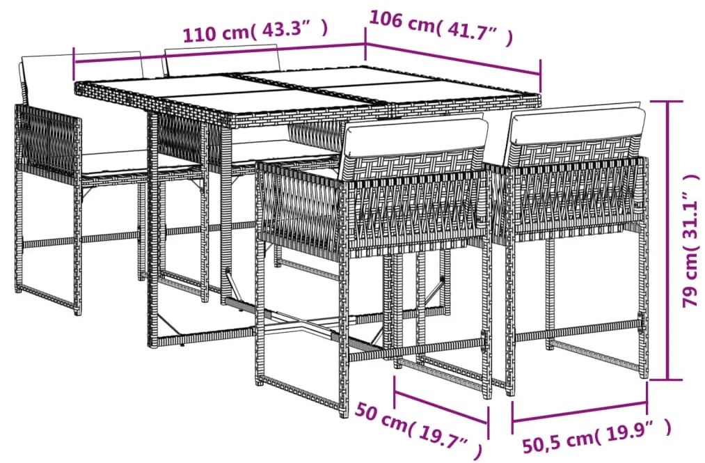 5 pcs conjunto de jantar p/ jardim com almofadões vime PE bege