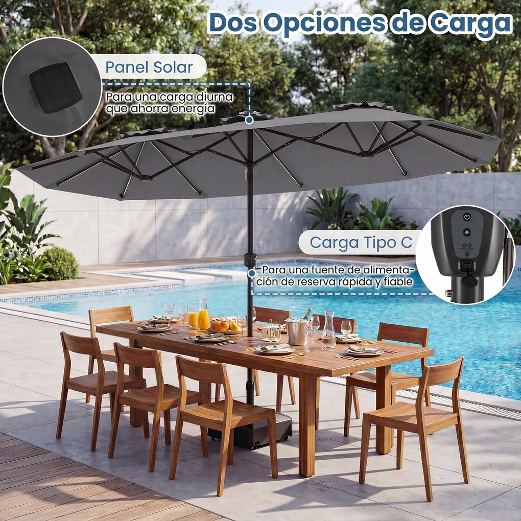 Guarda-sol duplo resistente, 400 x 210 cm (BASE NÃO INLCUIDA), com 108 luzes LED solares, manivela fácil de utilizar e 12 varas de metal, para jardim,