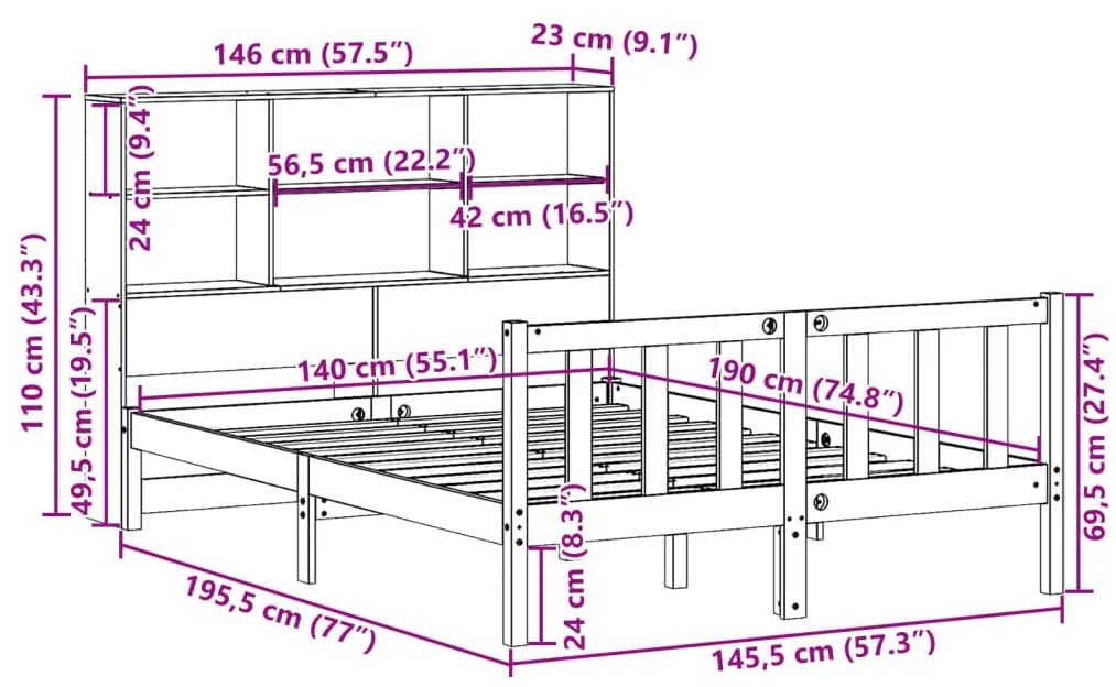 Cama com estante sem colchão 140x190 cm pinho maciço branco
