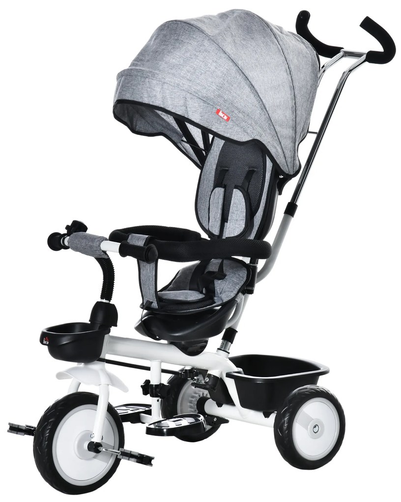 HOMCOM Triciclo para Bebé 2 em 1 Triciclo Evolutivo para Crianças de 1-5 Anos com Capô Dobrável Guiador Telescópico Grade de Proteção Removível e Apoio para os Pés 100x48x106cm Cinza