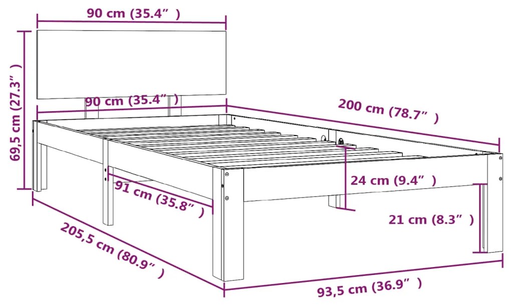 Estrutura de cama 90x200 cm pinho maciço cinzento