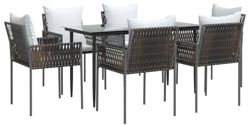 7 pcs conjunto de jantar p/ jardim c/ almofadões vime PE e aço