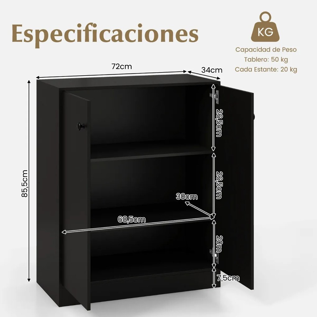 Armário de armazenamento 72 x 34 x 85,5 cm com 2 portas moderno  com 3 prateleiras preto