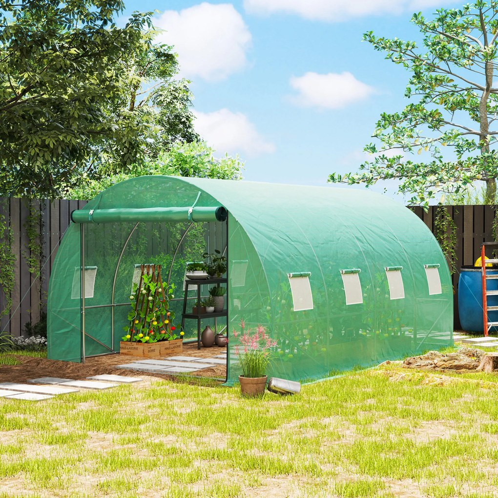 Estufa tipo túnel de jardim 3 x 4 x 2 m com porta enrolável e janelas amplas, em aço galvanizado e PE, verde