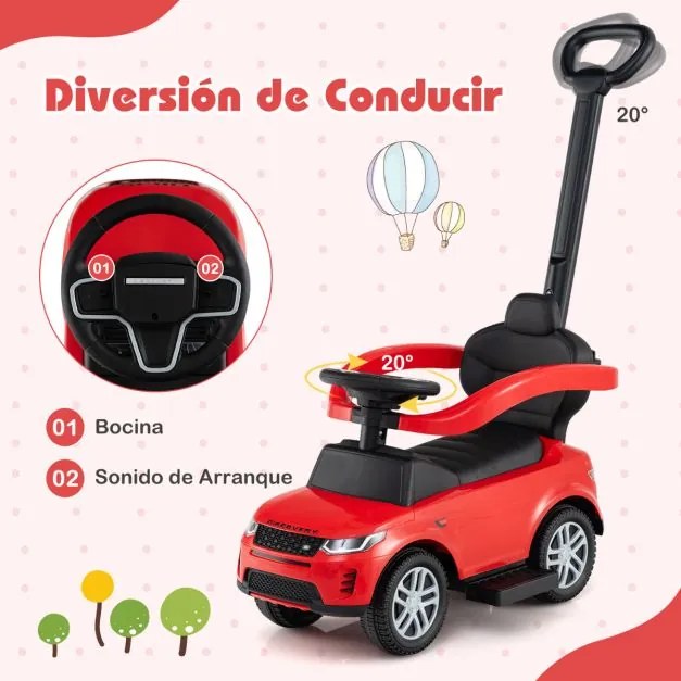 Carro de empurrar 3 em 1 para crianças de 18 a 36 meses com alça removível com buzina e som Vermelho