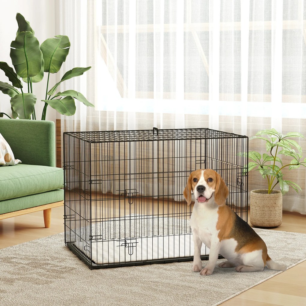 Gaiola de transporte dobrável para cães com pega, tabuleiro removível e almofada incluída – 90 x 57,5 x 62 cm – preta