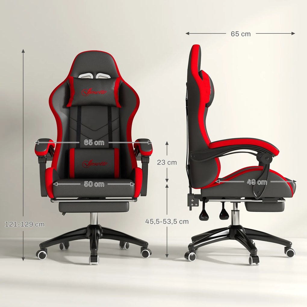 Cadeira Gaming Ergonómica Reclinável 135° de Couro PU com Suporte Lombar Altura Ajustável 65x65x129 cm Preto e Vermelho
