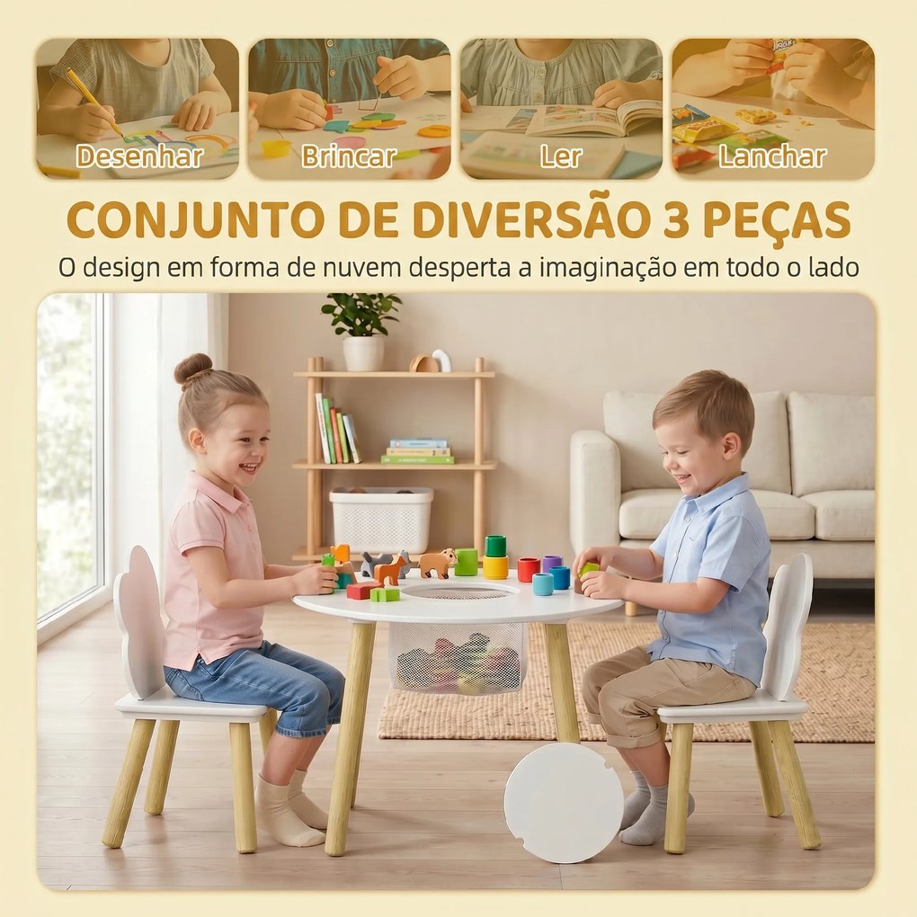 Mesa Infantil com 2 Cadeiras e Saco de Rede Tema Nuvem para Crianças dos 3 aos 6 Anos Creche Sala de Aula Branco