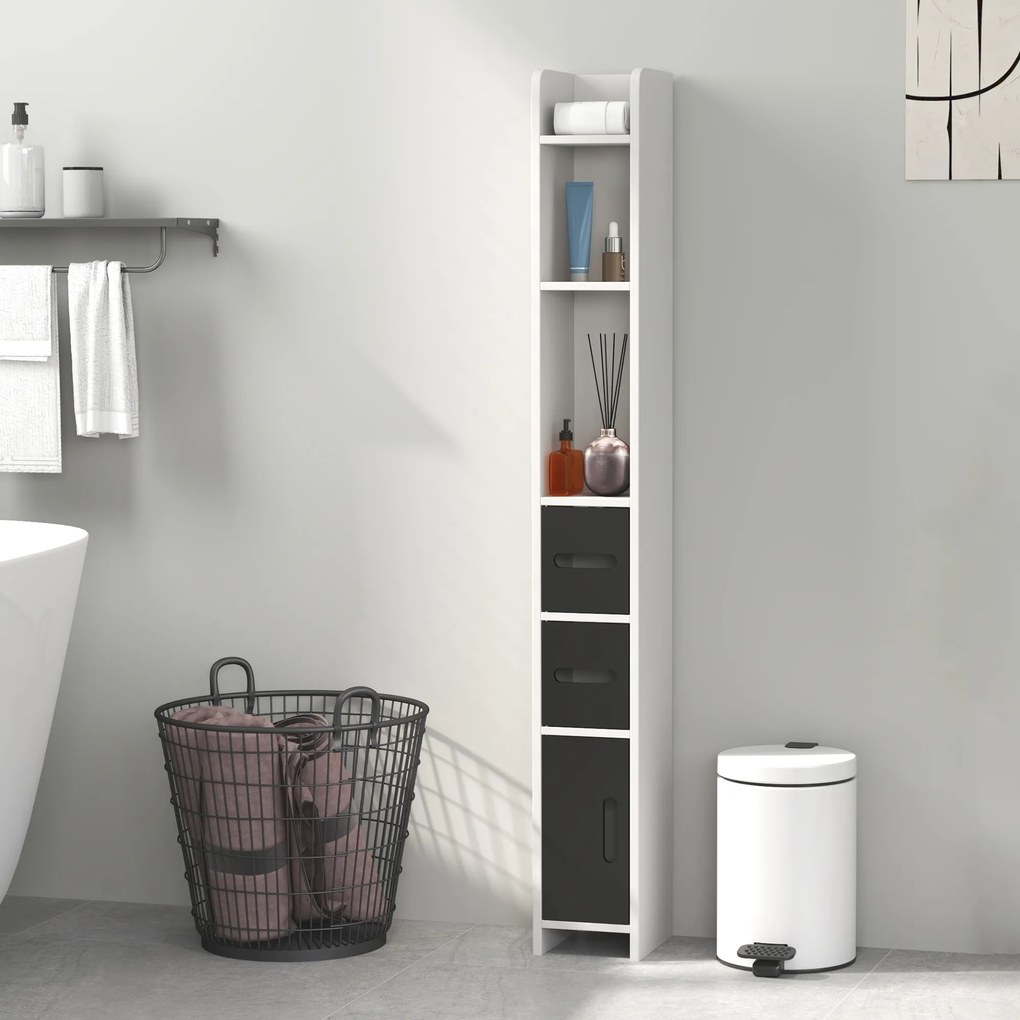 Coluna Casa de Banho com 3 Portas e 3 Prateleiras Abertas Coluna Auxiliar  Estilo Moderno 15x17x120 cm Branco e Preto