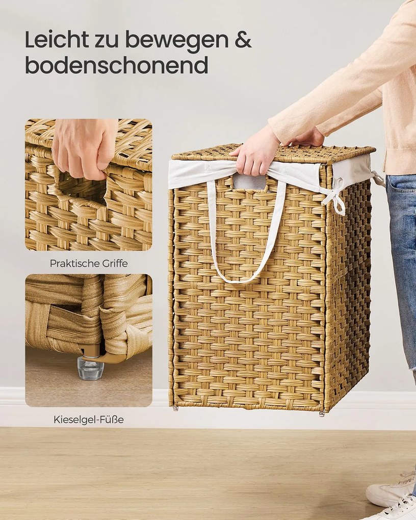 Cesto para roupa suja 200 litros em rattan sintético com 3 compartimentos, 86 x 40 x 61 cm cor natural