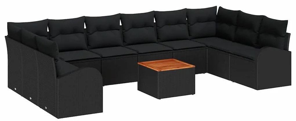 Sofá de Jardim 11 Peças com Almofadas Pretas em Rattan, Poliéster e Ma