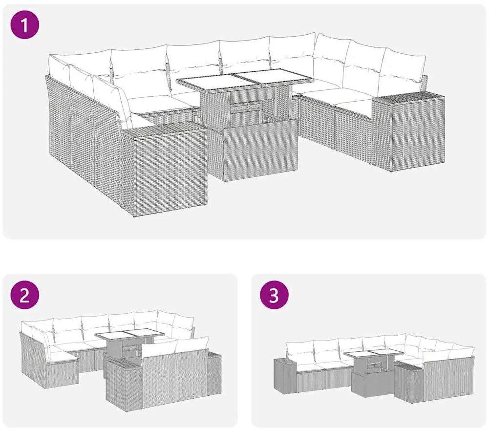 10 pcs conjunto sofás de jardim c/ almofadões vime PE preto
