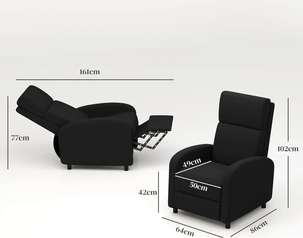 Poltrona relax, poltrona reclinável de sala, poltrona de relaxamento - encosto ajustável até 160°, apoio para os pés integrado Preta