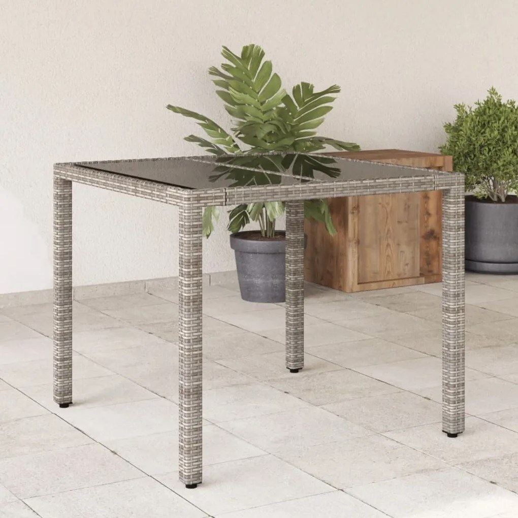 vidaXL Mesa de jardim com tampo de vidro 90x90x75 cm vime PE cinzento