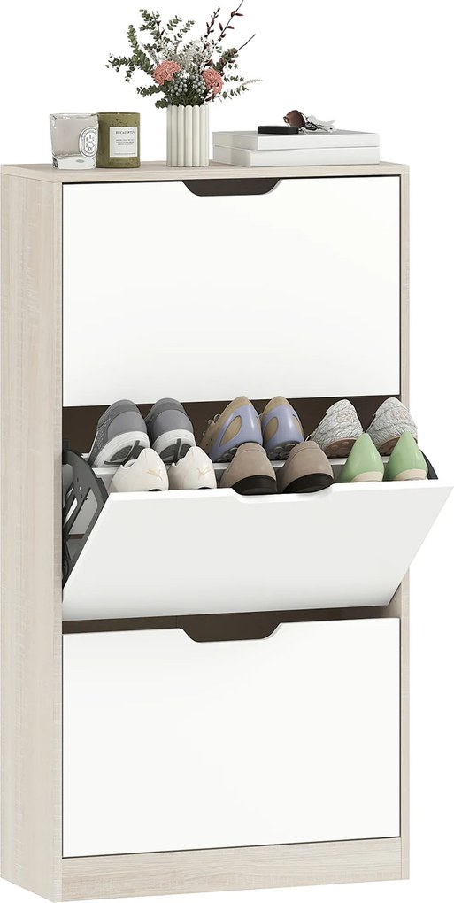 Sapateira de Madeira com 3 Compartimentos Abatíveis com Capacidade para 12 Pares 62,5x26x117,5 cm Branco e Madeira