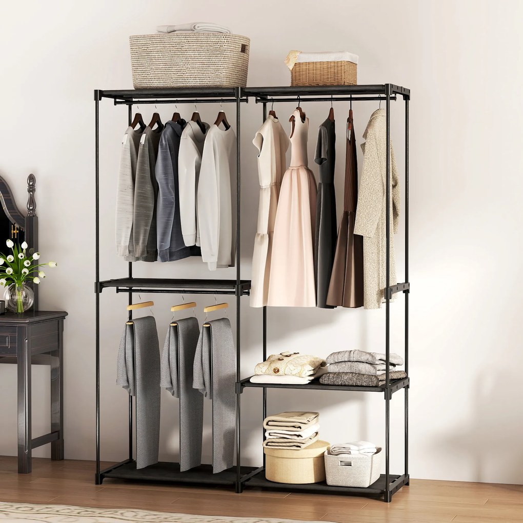 Guarda roupa aberto portátil 142 x 43 x 185 cm com 3 varões para pendurar roupa e 4 prateleiras, preto