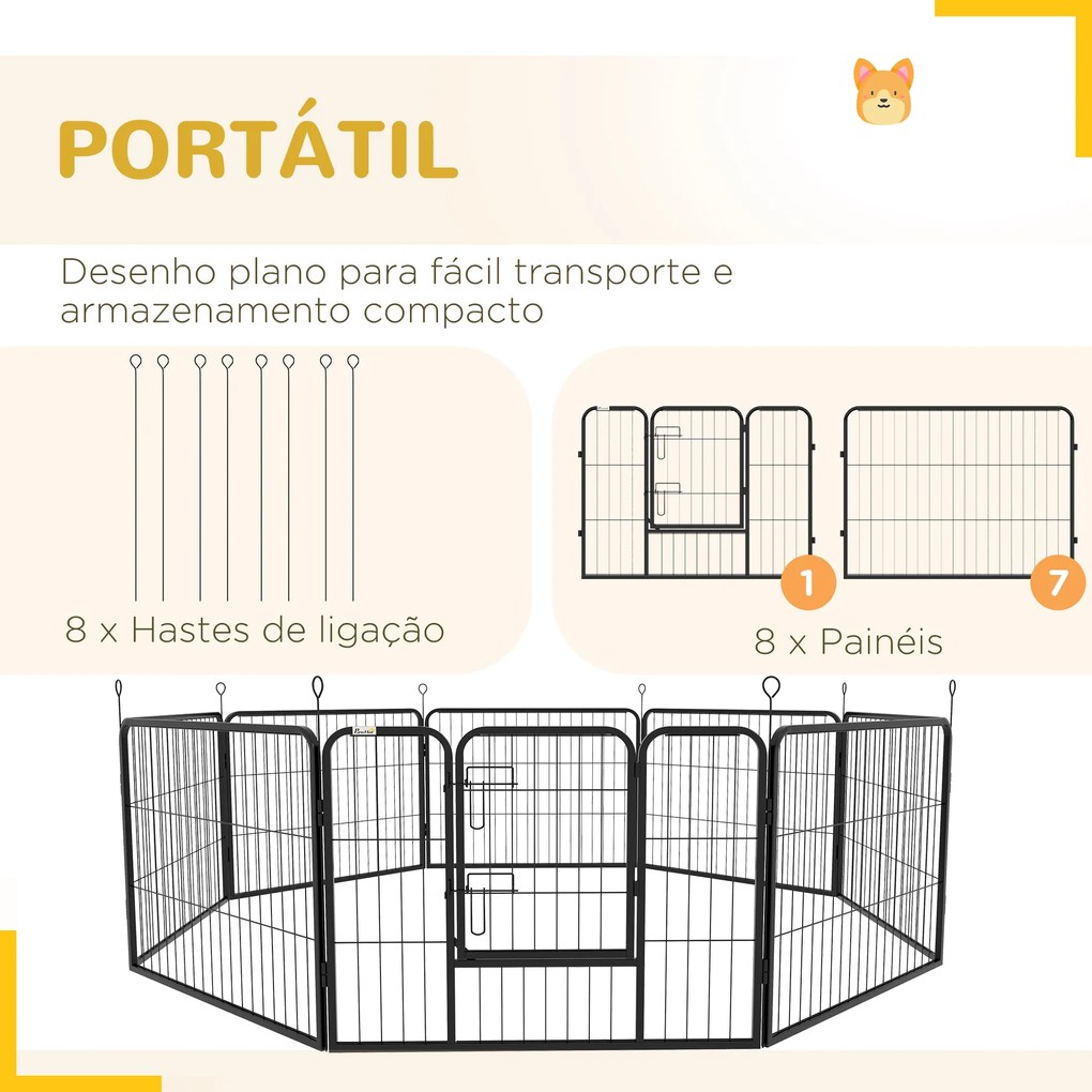 Parque para Animais de Estimação 8 Paineis 80x60cm Gaiola para Cães de Metal com Porta e Dupla Fechadura Preto