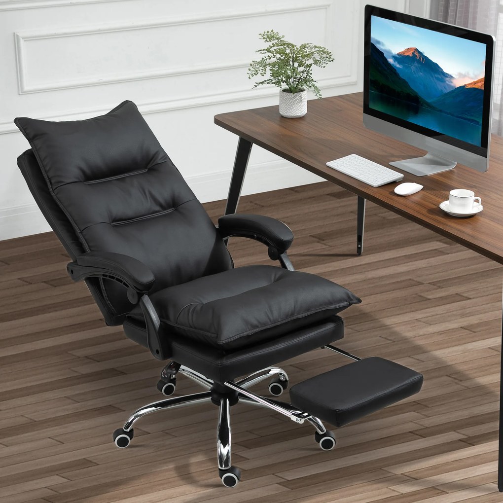 Cadeira de escritório, ergonómica em couro sintético com assento largo e almofadado, encosto reclinável, altura ajustável, braços e apoio para os pés