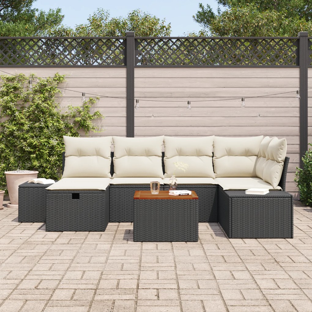 Conjunto de Sofá de Jardim de 7 Peças com Almofadas Preto Polirattan