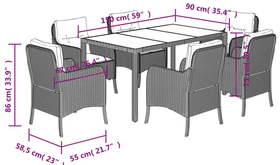 7 pcs conjunto de jantar p/ jardim c/ almofadões vime PE cinza