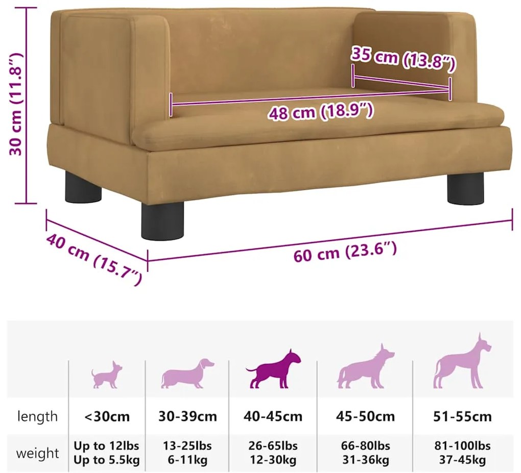 Cama para cães 60x40x30 cm veludo castanho