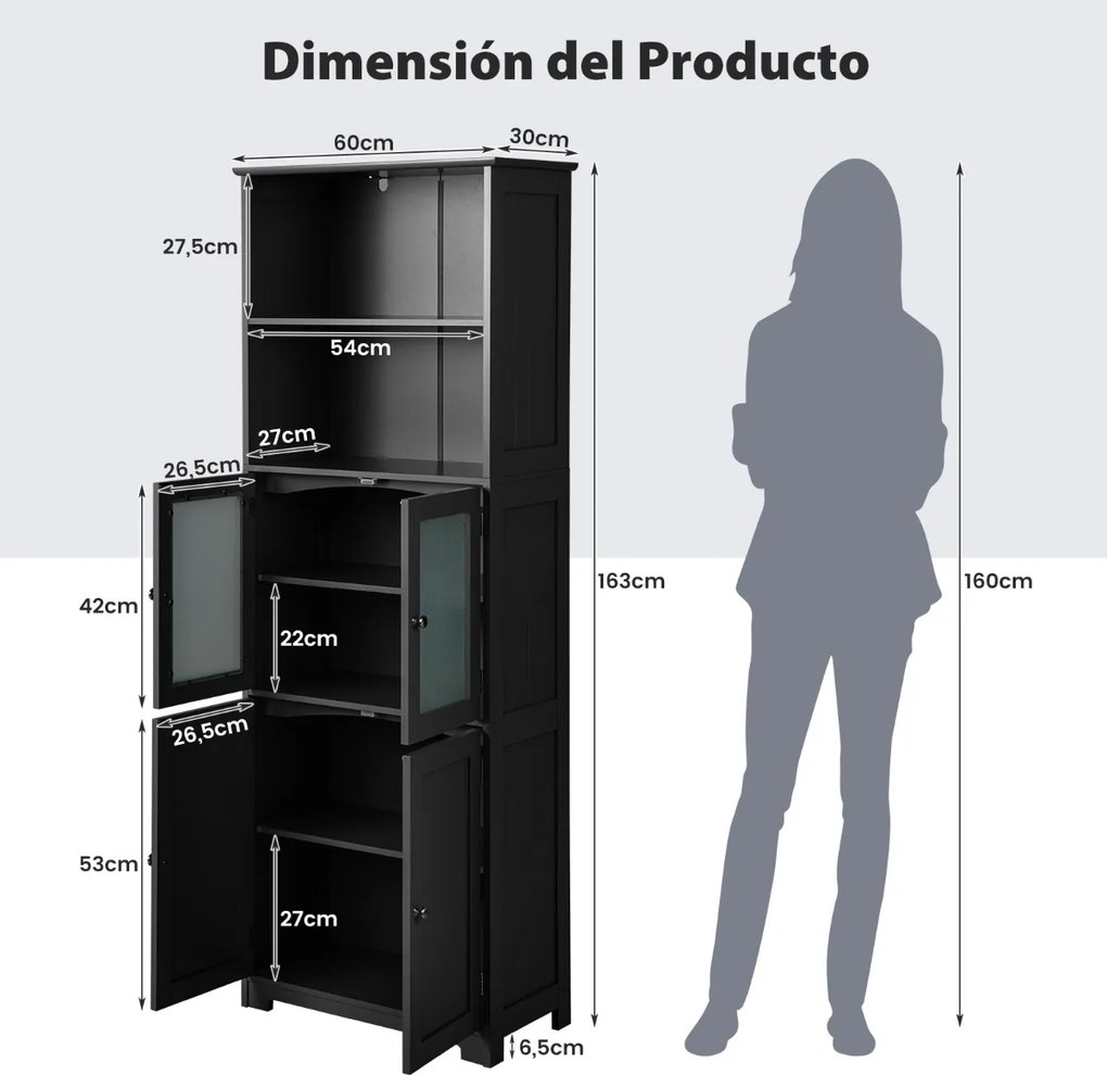 Armário multifunional alto com 2 portas Gaveta Estantes ajustáveis Armário de pé para sala Quarto Cozinha 60 x 30 x 163 cm Preto