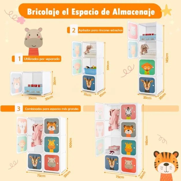 Armário modular portátil para crianças com 8 armarios e organizador de arrumação de brinquedos com desenhos animados 75 x 35 x 145 cm Branco