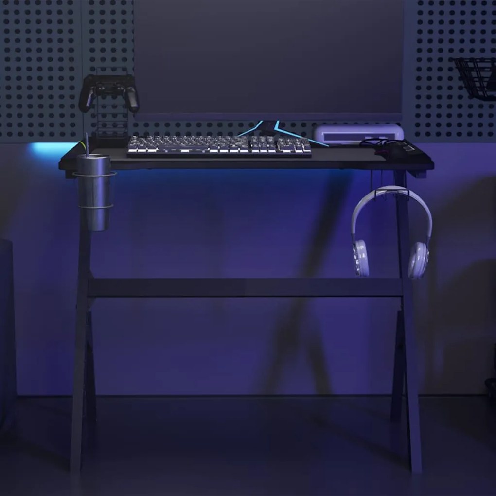 Secretária de gaming c/ luzes LED forma de Y 90x60x75 cm preto