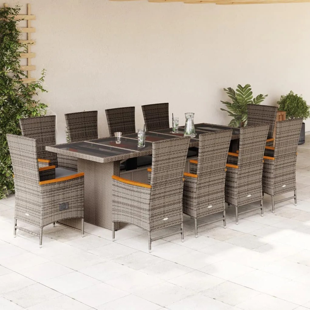 vidaXL 11 pcs conjunto jantar p/ jardim c/ almofadões vime PE cinzento