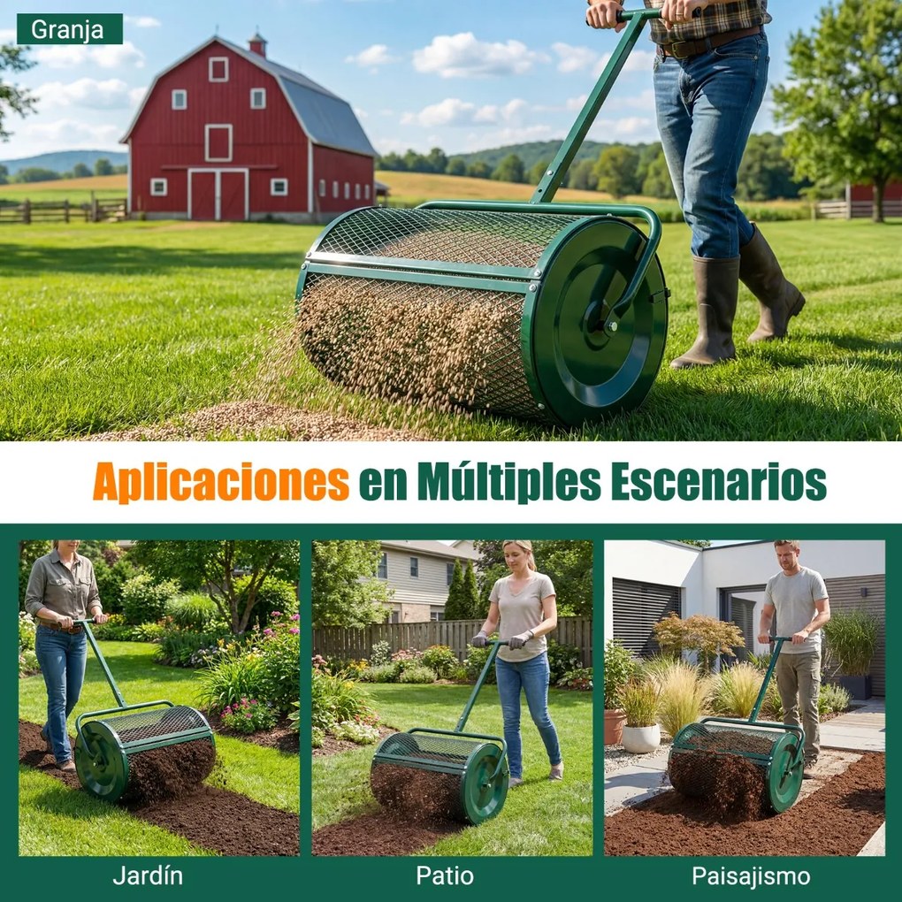 Espalhador de composto para Jardim de 31 cm com rolo para turfa e cabo em T ajustável em altura, com cesto de malha metálica para jardim ou relvado, V