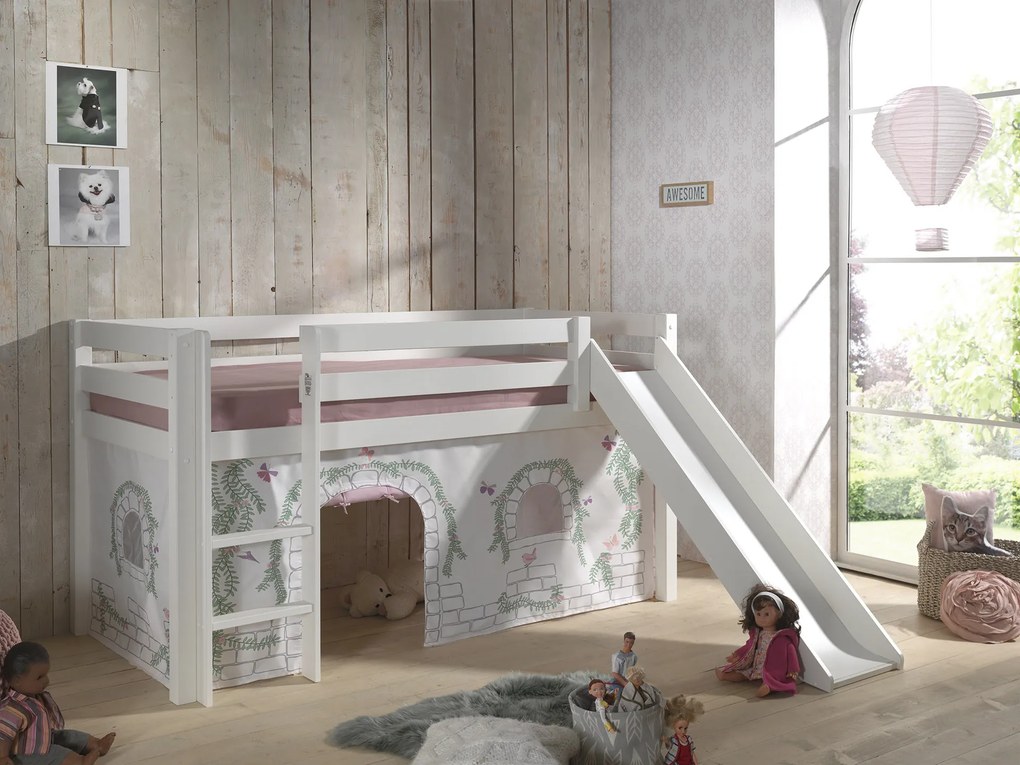Conjunto Cama alta de Criança PINO 90 x 200 cm + estrado + escada + escorrega + cortina Pássaros branca