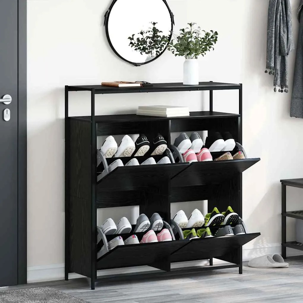 Gabinete de Sapatos com 4 Gavetas Basculantes Carvalho Preto 100x34x11