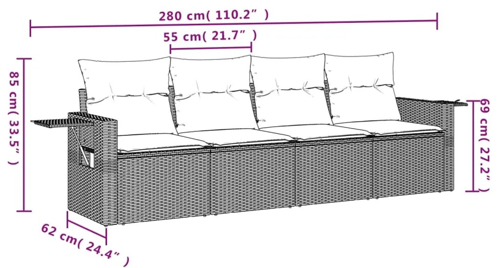 4 pcs conjunto sofás de jardim c/ almofadões vime PE castanho