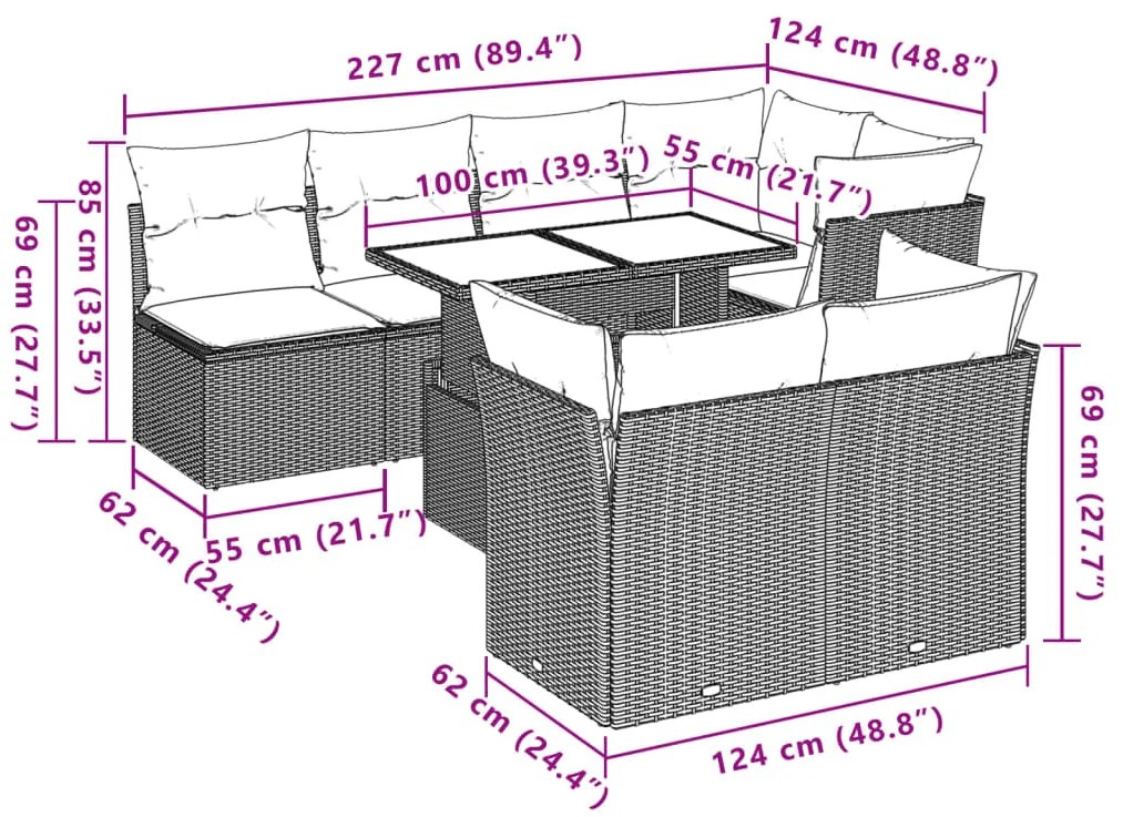 8 pcs conj. sofás jardim c/ almofadões vime PE cinzento-claro