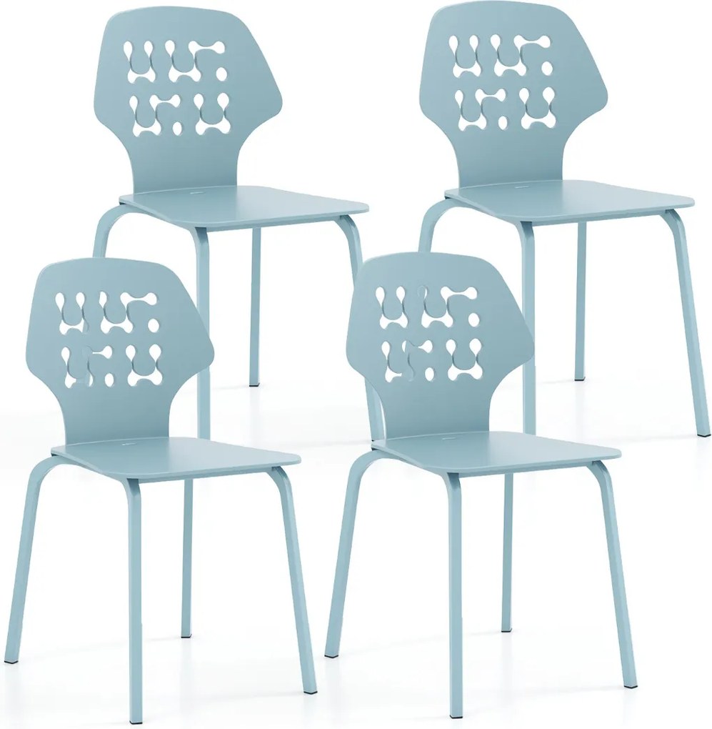 Conjunto de 4 cadeiras de jantar modernas em meta com costas ocas e pernas em metal Cadeira de hóspedes sem braços Azul