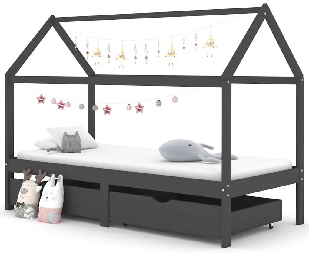 Cama p/ crianças c/ gavetas 90x200 cm pinho maciço cinza-escuro