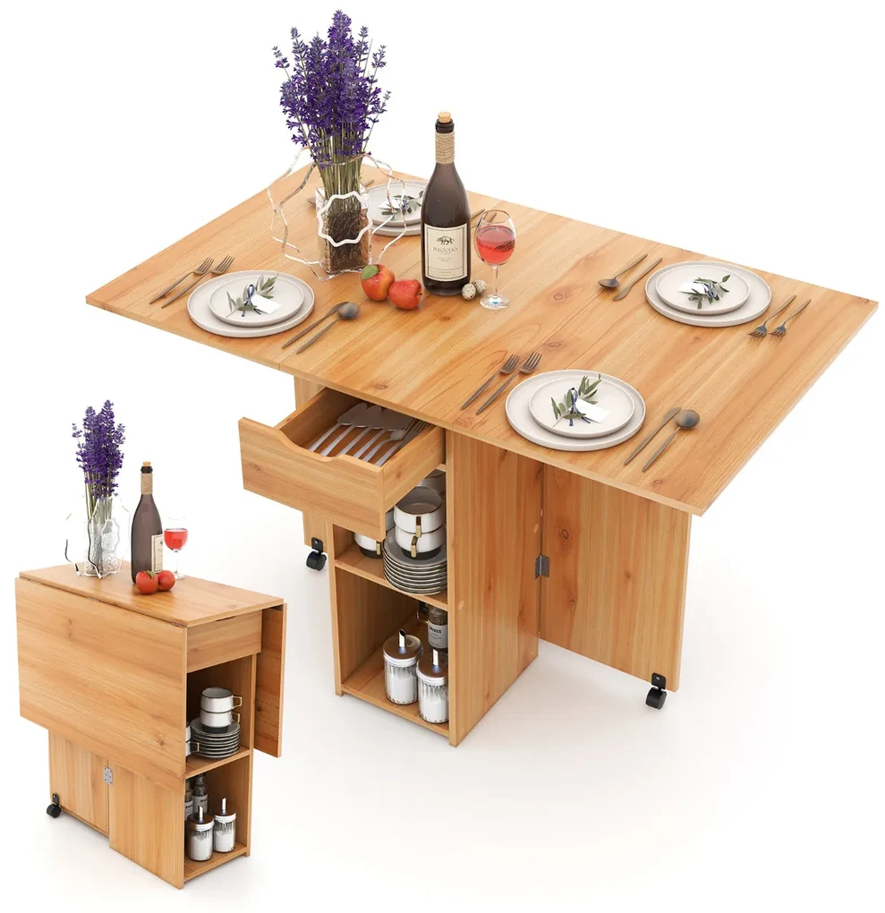 Mesa de jantar dobrável com 2 rodas para espaços pequenos com gaveta ...