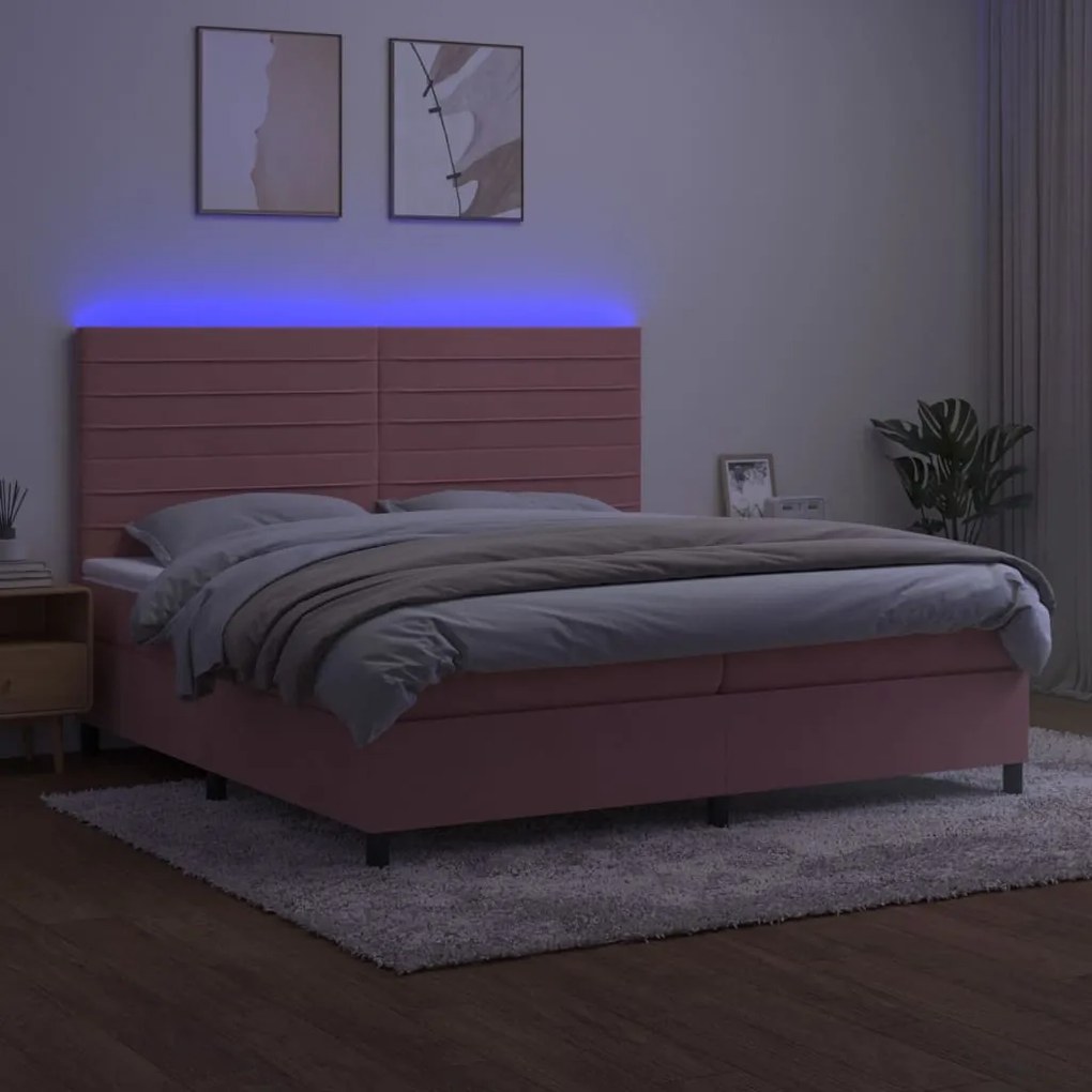 Cama box spring c/ colchão/LED 200x200 cm veludo rosa